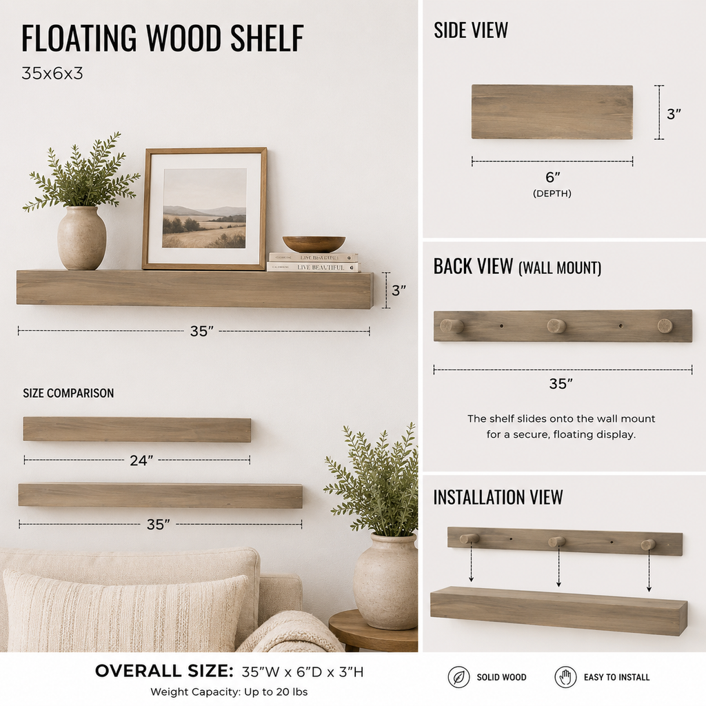 35-inch brown wood floating shelf shown from an additional product view
