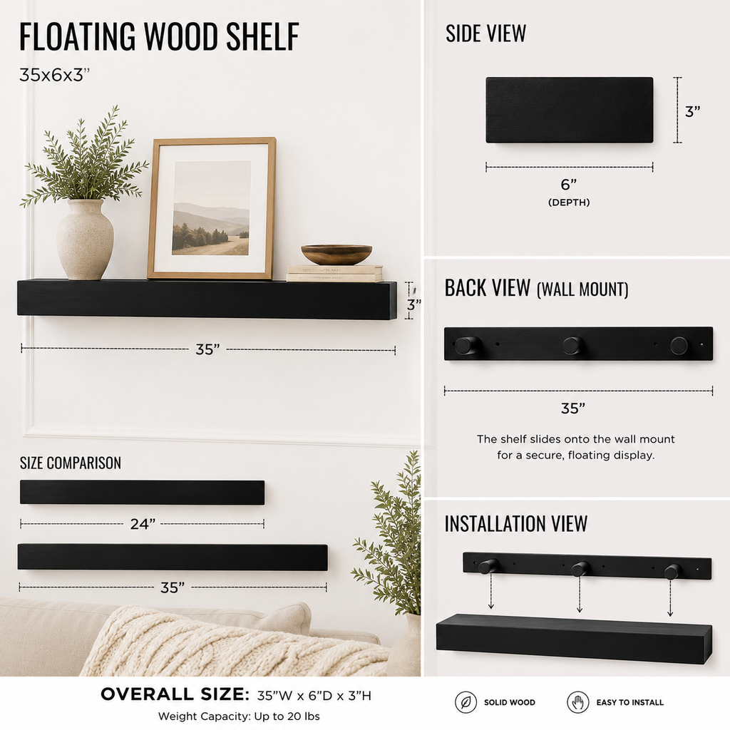 35-inch black wood floating shelf shown from an additional product view
