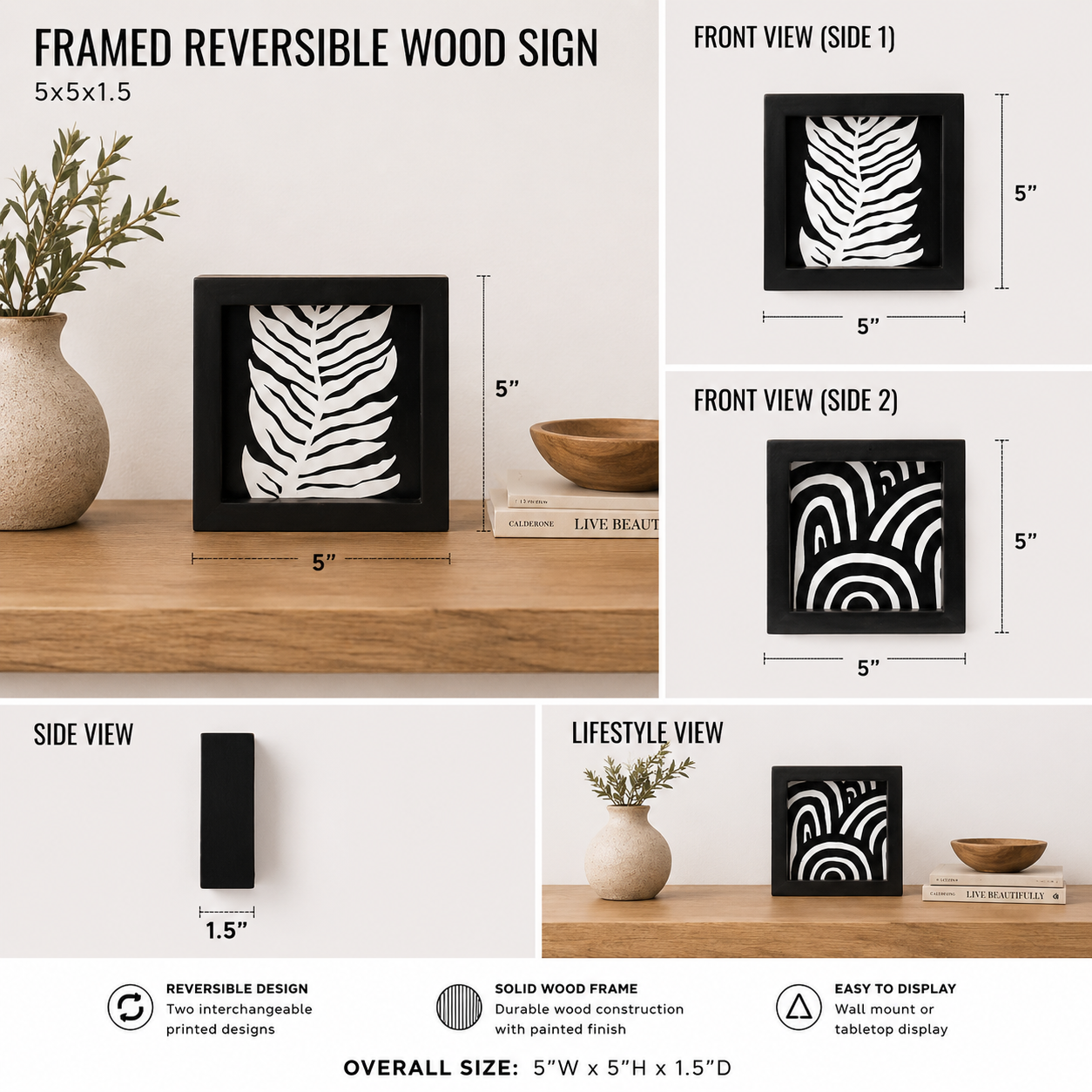 Reversible wood framed sign featuring rainbow and leaf styled on a shelf or console table.