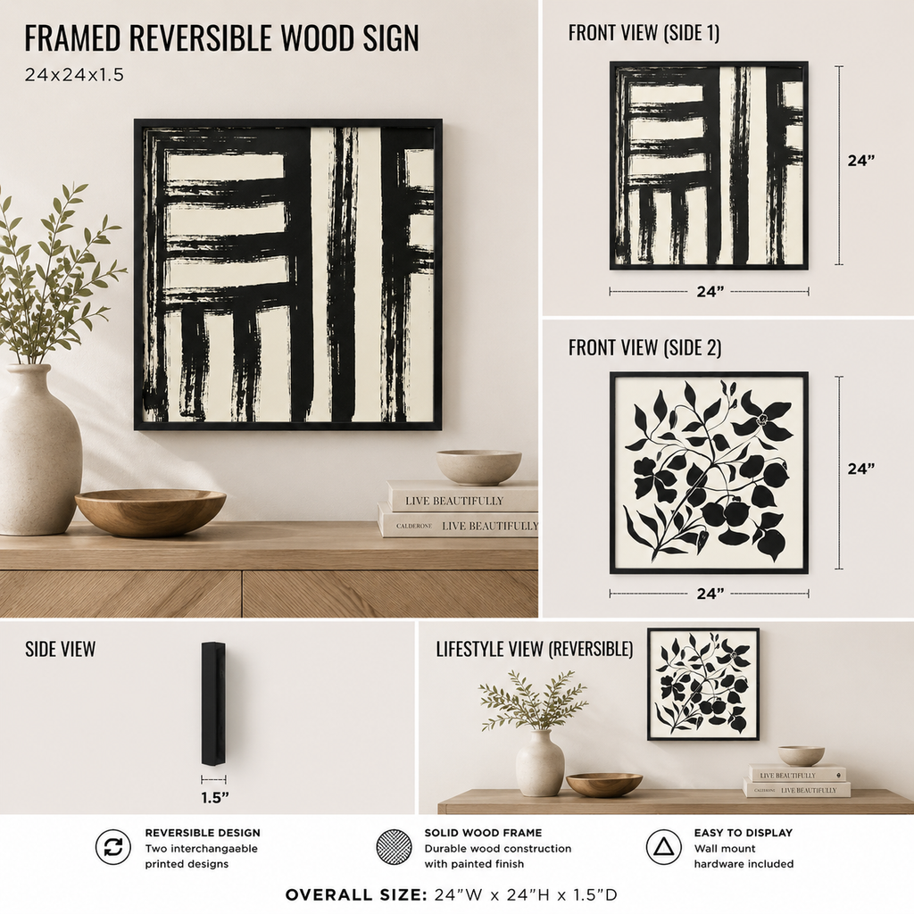 reversible wood framed wall art featuring line & floral displayed in a styled home interior.