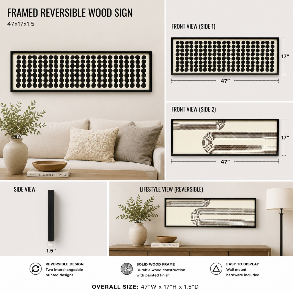 reversible wood framed wall art featuring arch & dots displayed in a styled home interior.