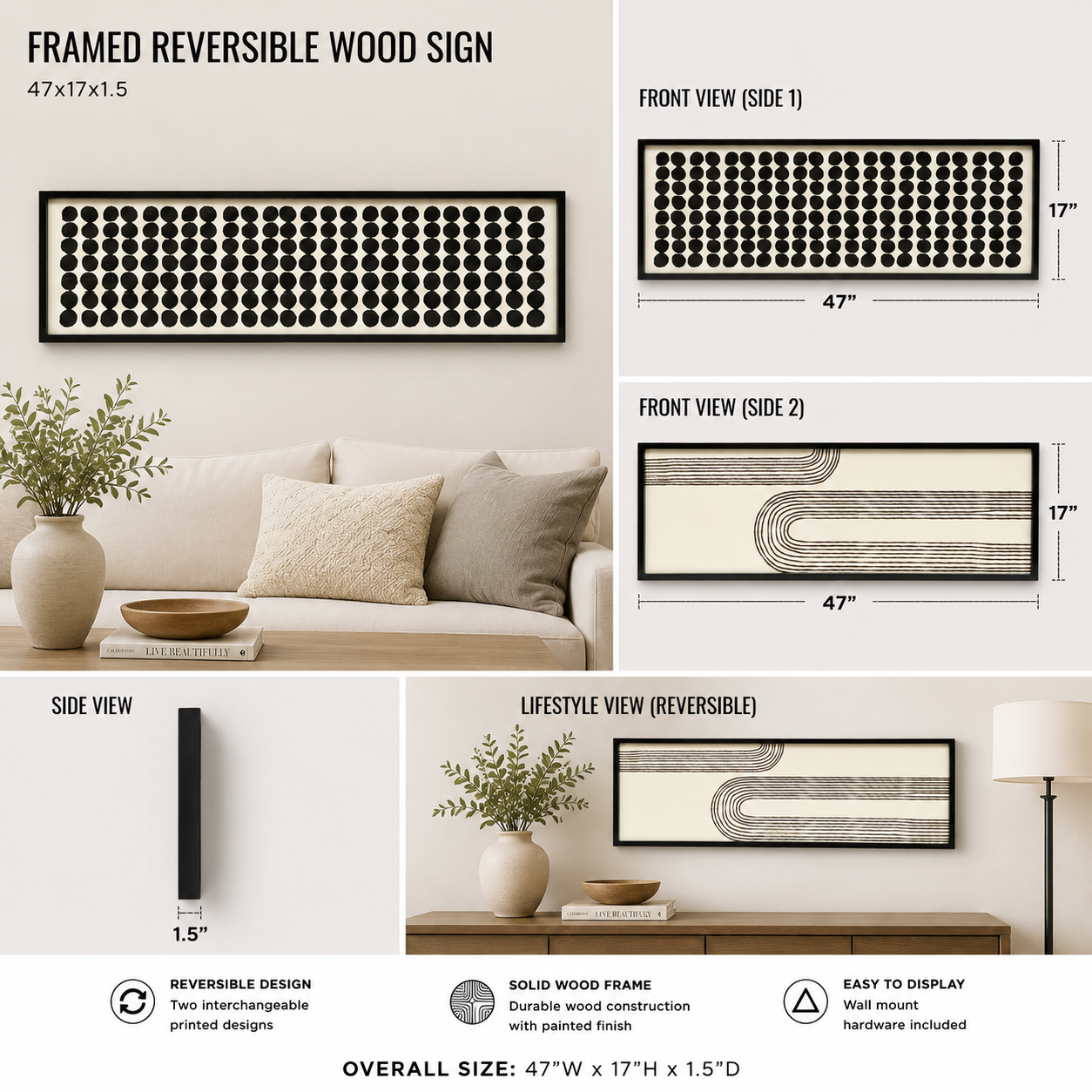 reversible wood framed wall art featuring arch & dots displayed in a styled home interior.