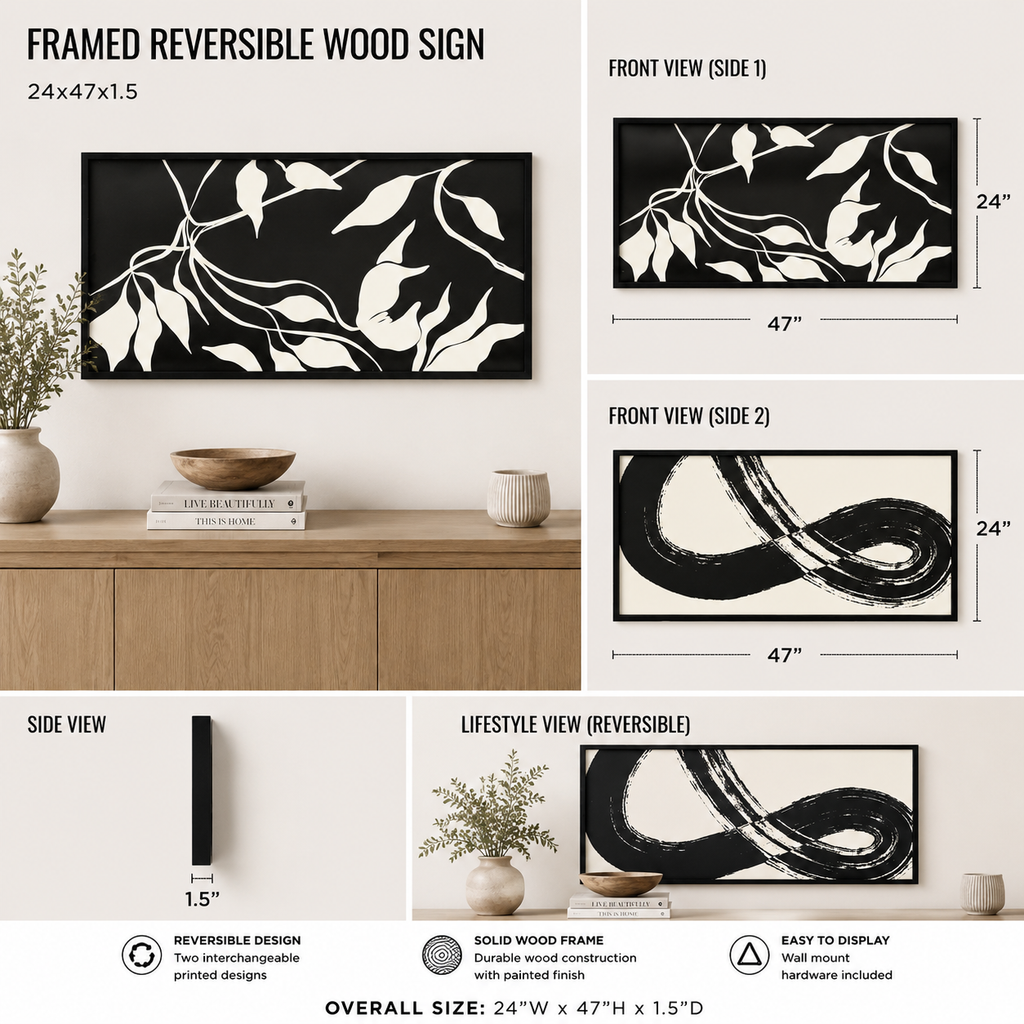 reversible wood framed wall art featuring ampersand & leaves displayed in a styled home interior.