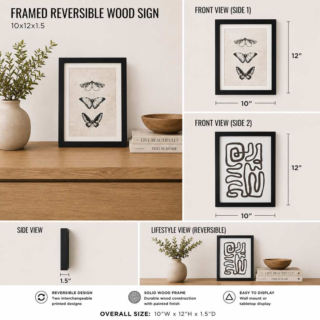 Reversible wood framed sign featuring butterfly and abstract styled on a shelf or console table.