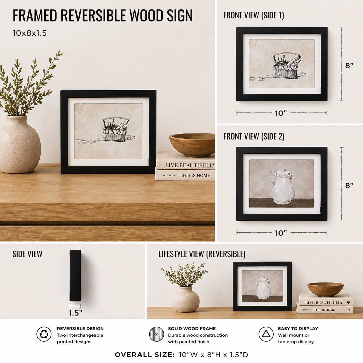 Reversible wood framed sign featuring tea pot and basket styled on a shelf or console table.