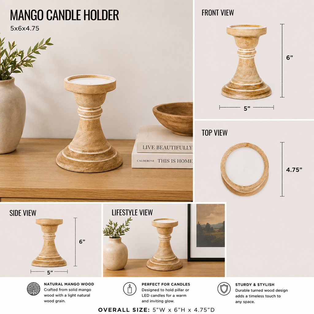 Whitewashed mango wood candle holder with a compact silhouette