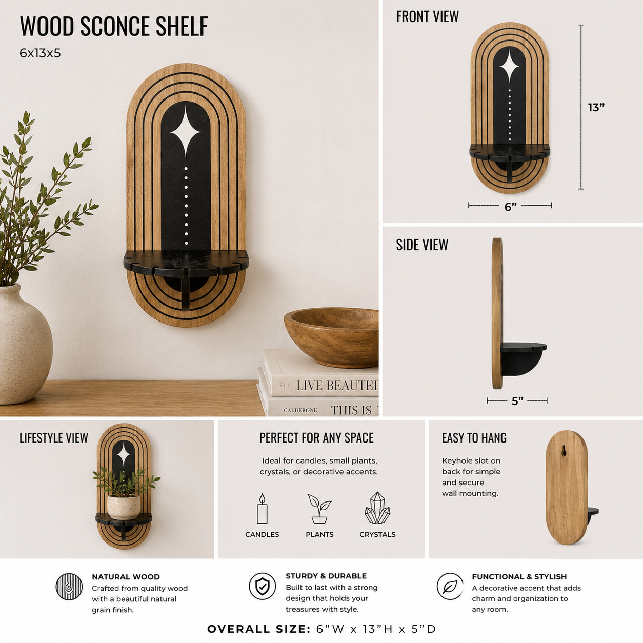 6 by 13 inch wood sconce shelf with product dimensions and detail views