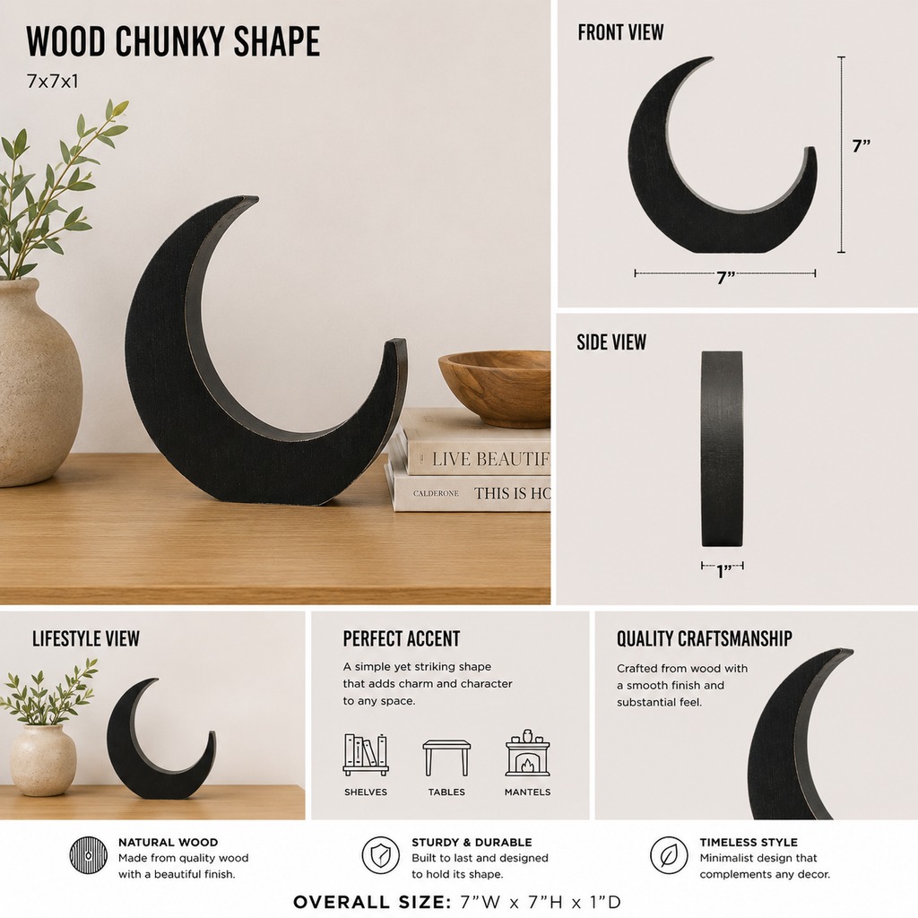 7" Chunky Wood Shape - Moon | Black displayed as a decorative home accent.