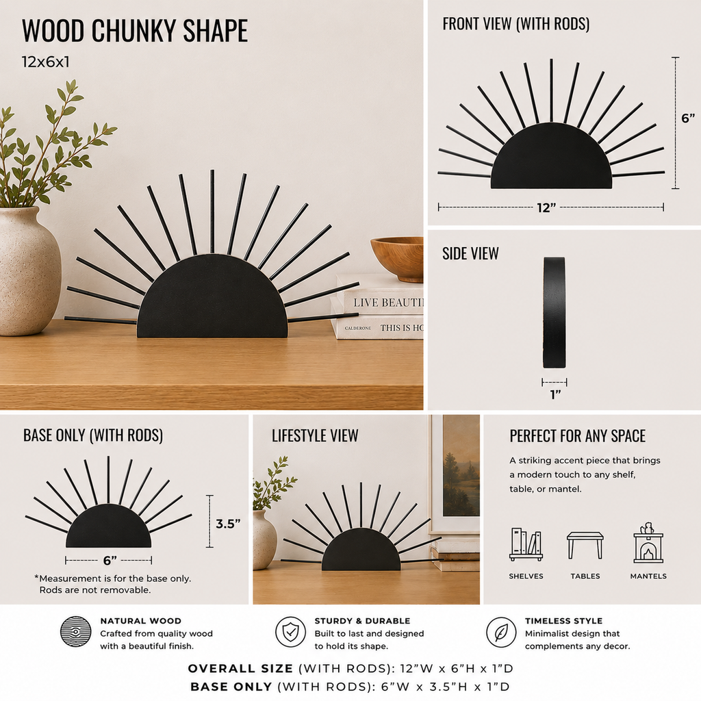 12" Chunky Wood Shape - Sun | Black displayed as a decorative home accent.