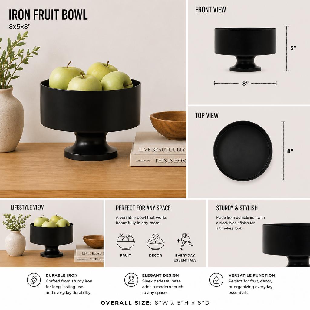 Black iron decorative fruit bowl displayed on a kitchen counter Image 5.