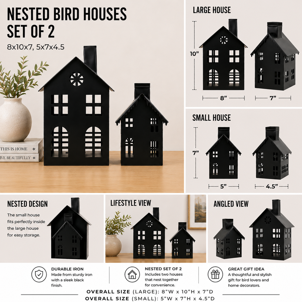 Iron Nested Bird Houses (Set of 2) - Black | 8x10x7 and 5x7x4.5 displayed as a decorative home accent.