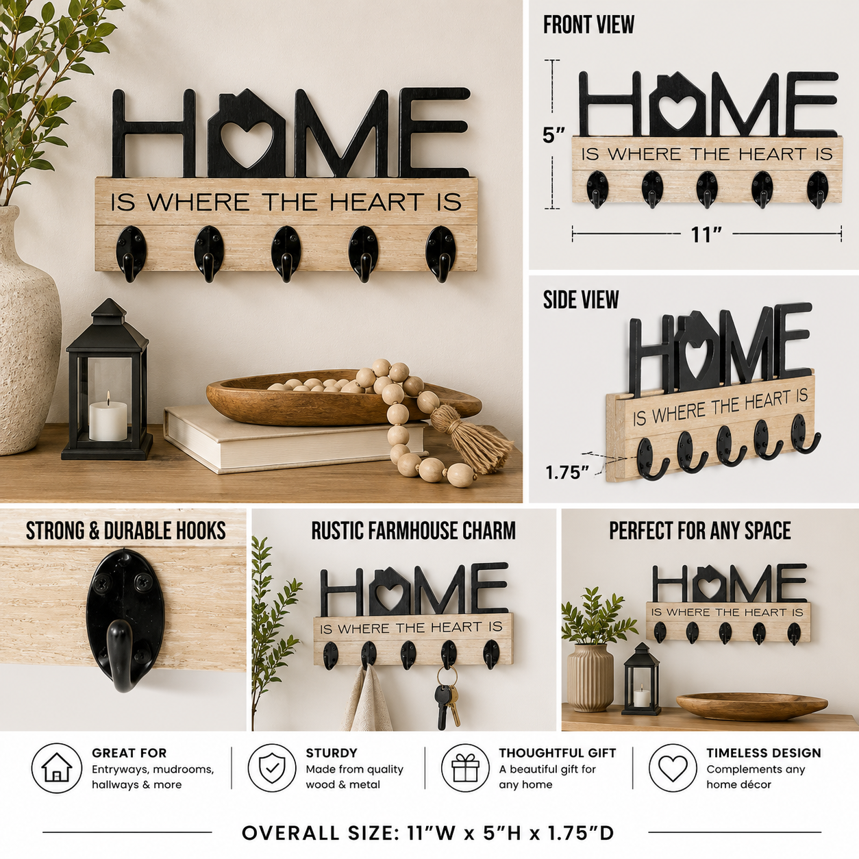 Home Is Where the Heart Is wood wall hook board in a natural and black finish showing the hook and wood construction details