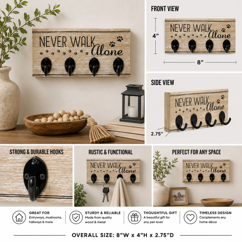 Never Walk Alone wood wall hook board in a natural and black finish shown in an additional product view