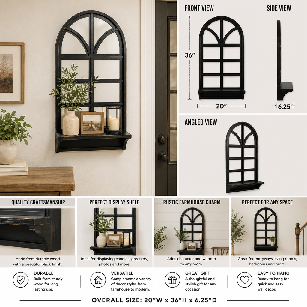 36-inch black window frame shelf displayed with layered decorative accents shown from an additional product view