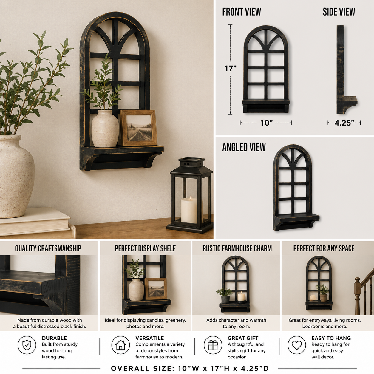17-inch black window frame shelf styled with small home decor accents shown from an additional product view