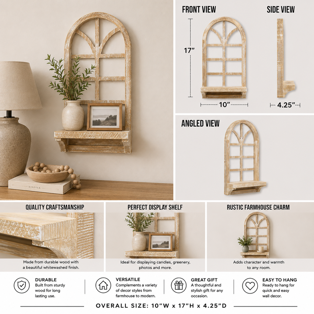17-inch natural wood window frame shelf styled with greenery and small decor accents shown from an additional product view