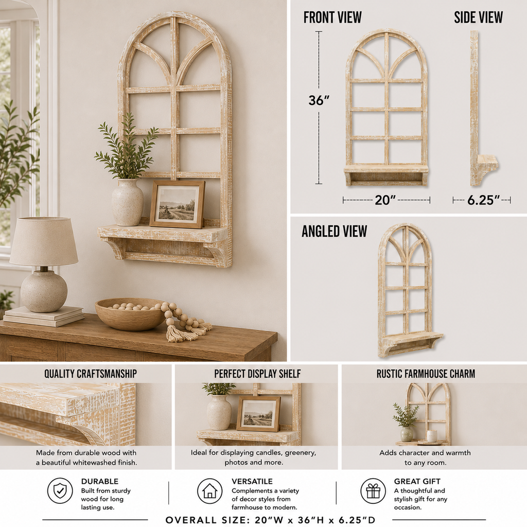 36-inch natural wood window frame shelf displayed with layered home decor accents shown from an additional product view