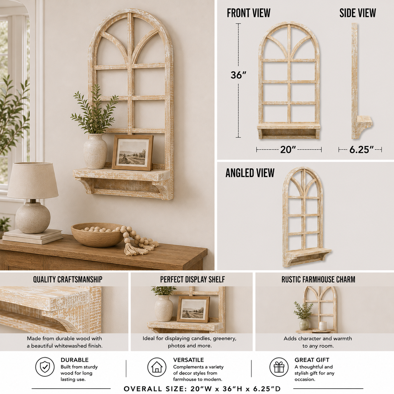 36-inch natural wood window frame shelf displayed with layered home decor accents shown from an additional product view