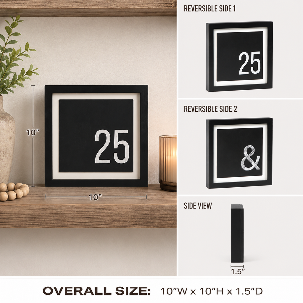Reversible wood framed sign featuring 25 and ampersand styled on a shelf or console table.