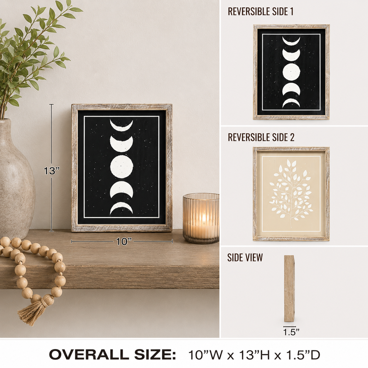 Reversible wood framed sign featuring moon and plant styled on a shelf or console table.