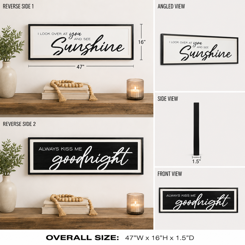 reversible wood framed wall art featuring kiss & sunshine displayed in a styled home interior.