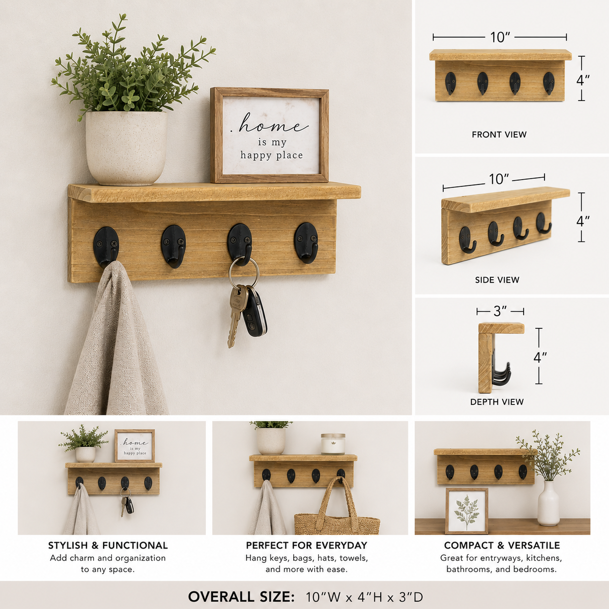 Natural wood hook shelf with ledge and four black hooks shown with product dimensions