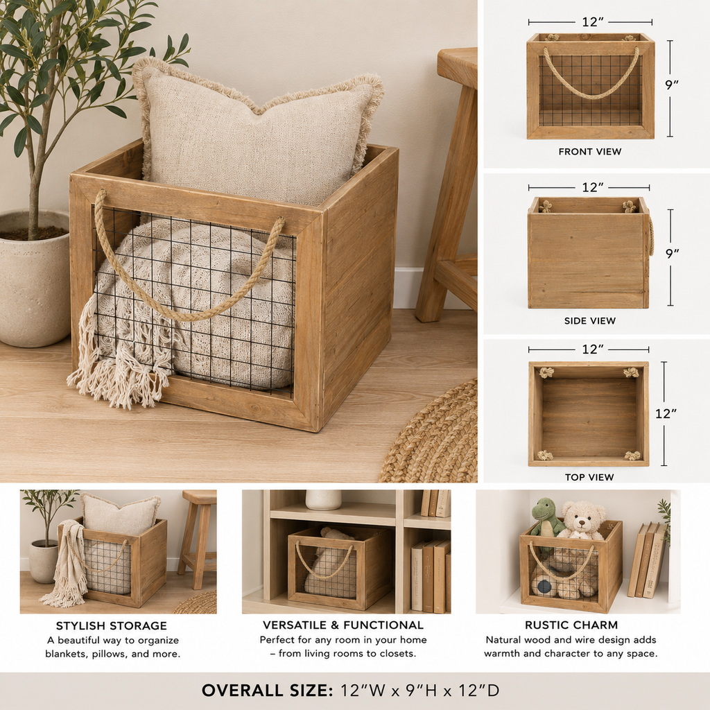 Natural wood crate styled on an open shelf with warm neutral decor