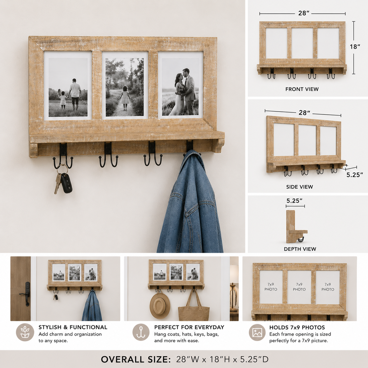 Mango wood picture shelf with four hooks in a natural black and white finish shown with product dimensions