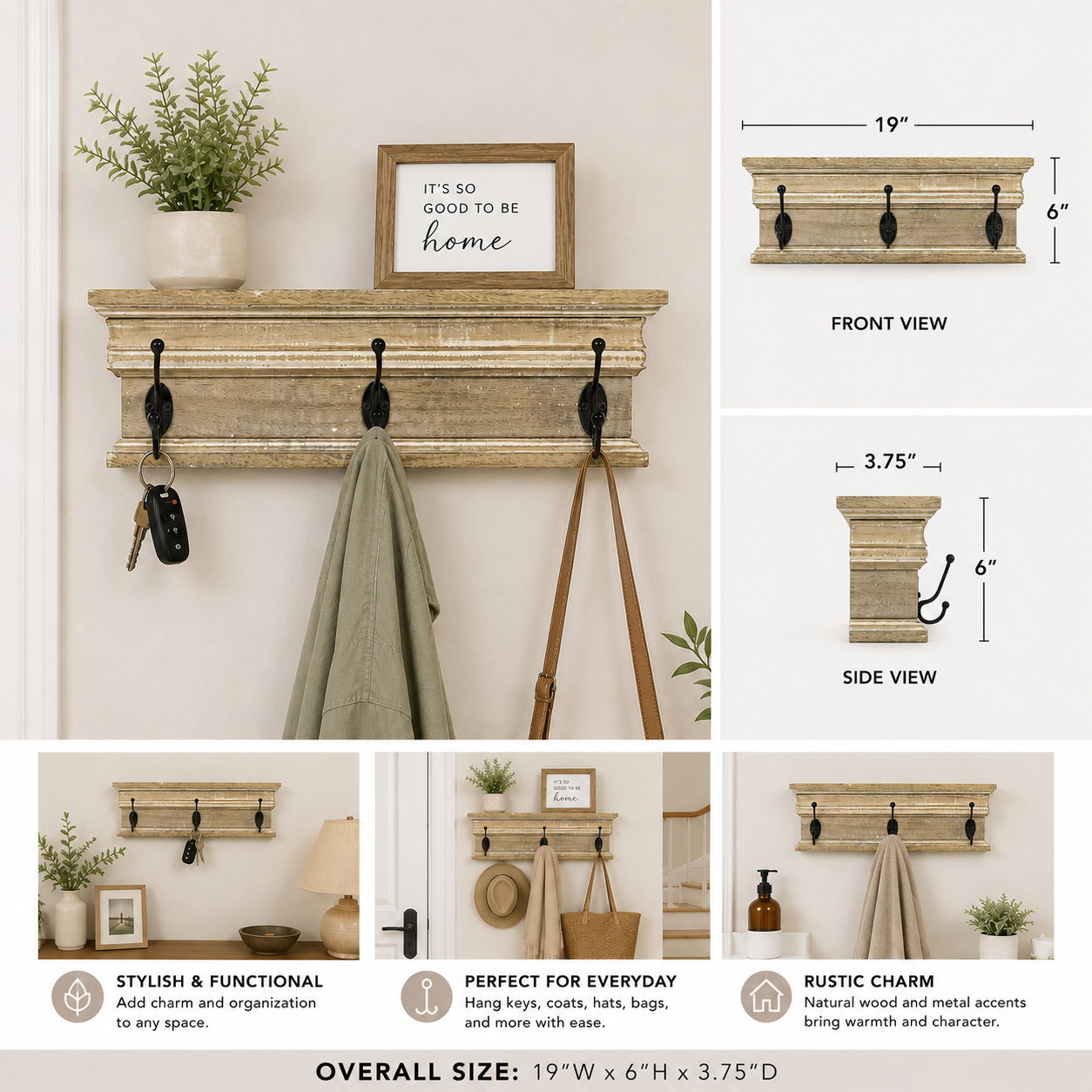 Mango wood hook shelf with three hooks in a natural black and white finish shown with product dimensions