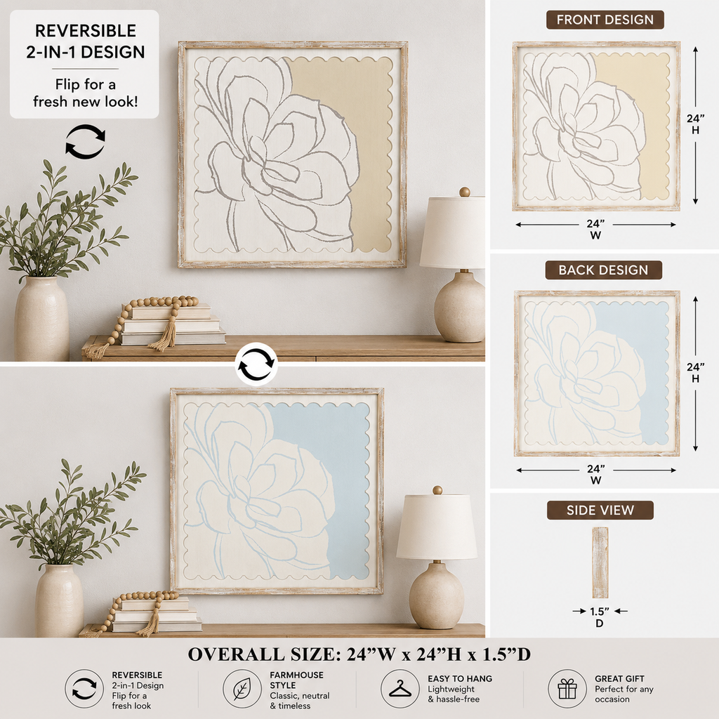 reversible wood framed wall art featuring succulent displayed in a styled home interior.