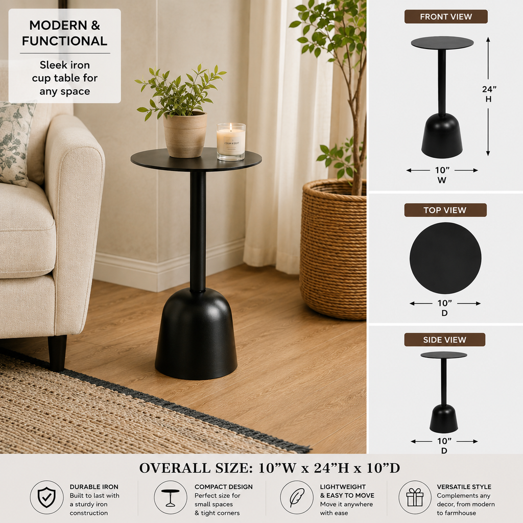 24-inch black iron accent table styled in a warm modern living room