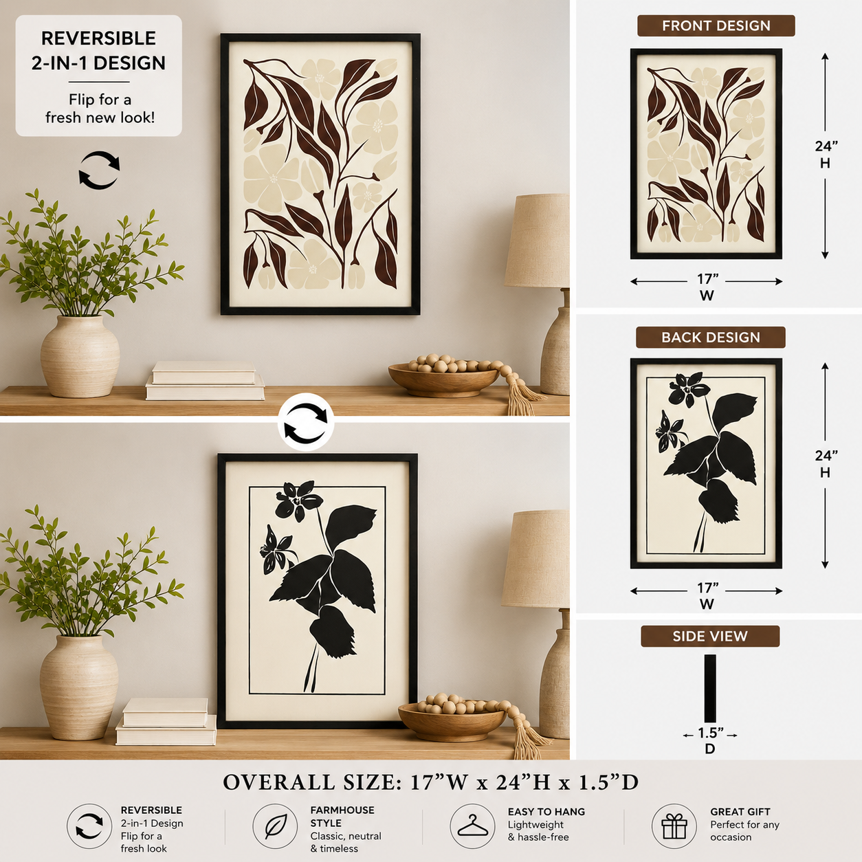 reversible wood framed wall art featuring flowers displayed in a styled home interior.