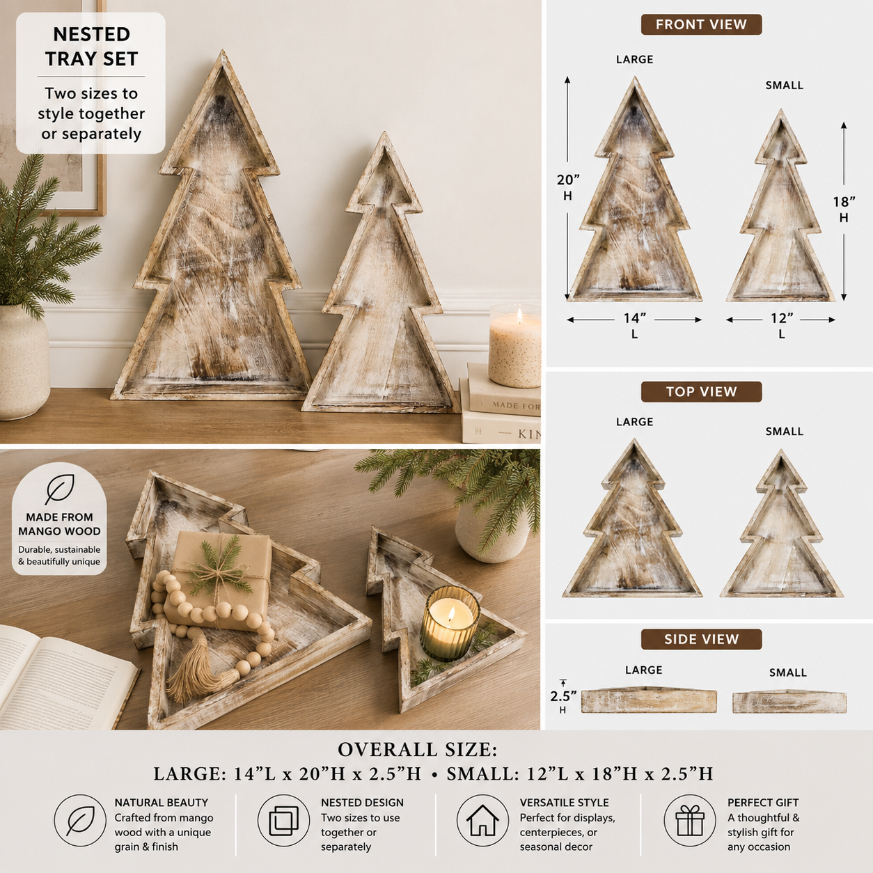 Mango Wood Nested Trays - Christmas Trees (Set of 2)