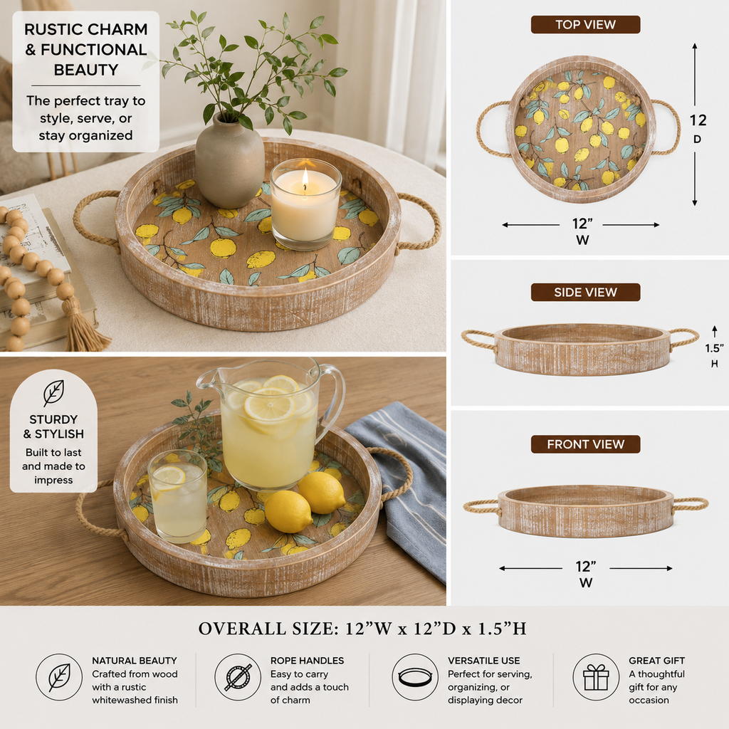 Round multicolor lemon wood decorative tray with raised rim.