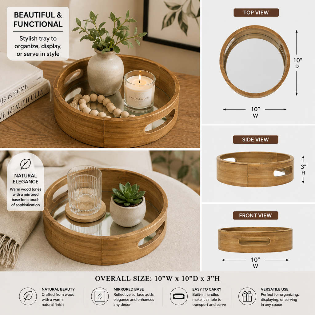 Natural round wood decorative tray with mirrored base and raised rim.