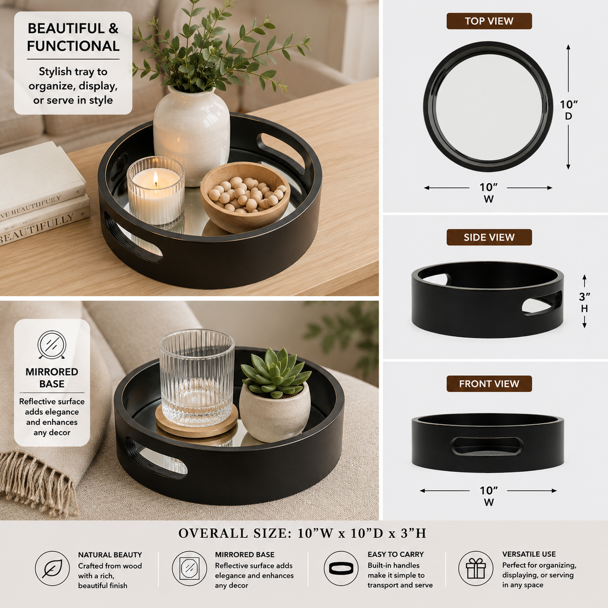 Black round wood decorative tray with mirrored base and raised rim.