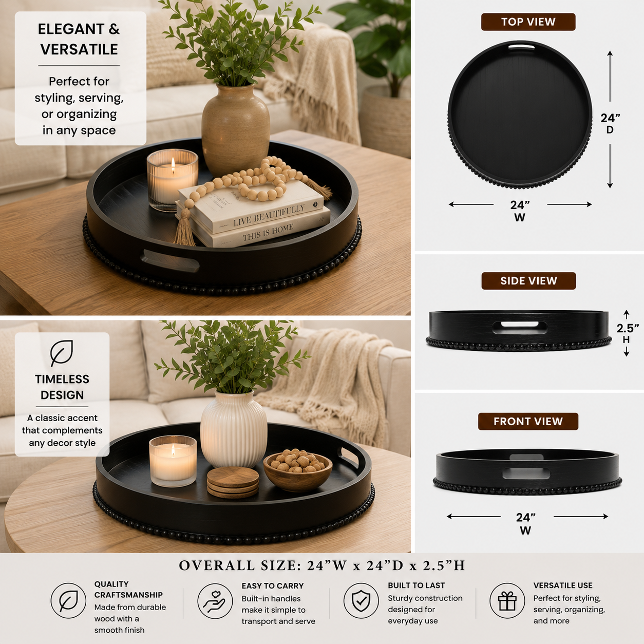 Large 24-inch round black wood decorative tray with raised rim.