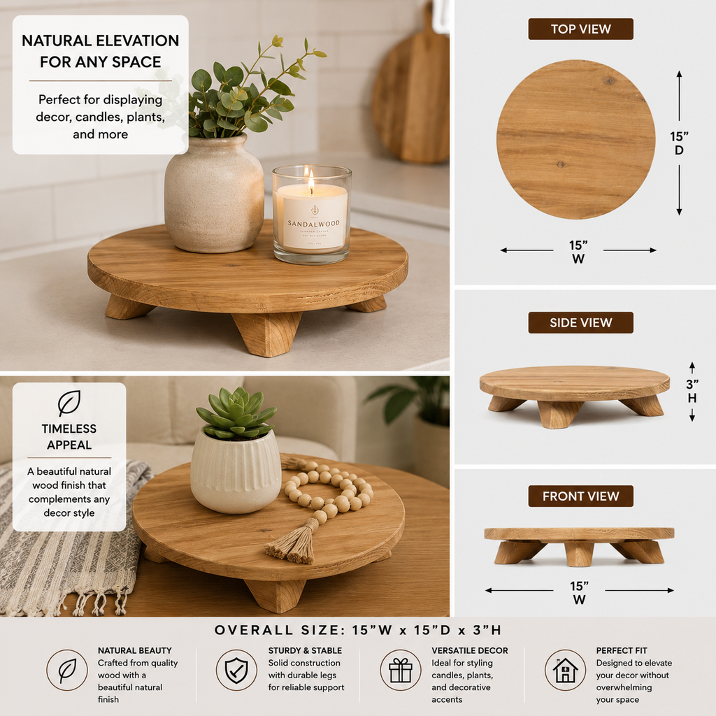 Natural round wood decorative riser with low pedestal base.