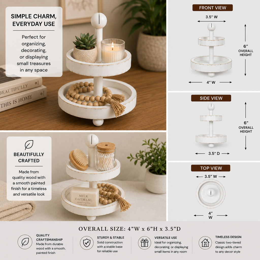 Mini white two-tiered wood decorative tray with center handle.