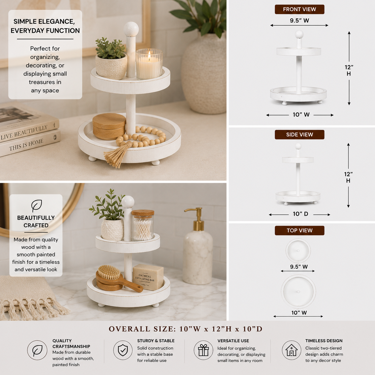 White two-tiered wood decorative tray with round tiers and center handle.