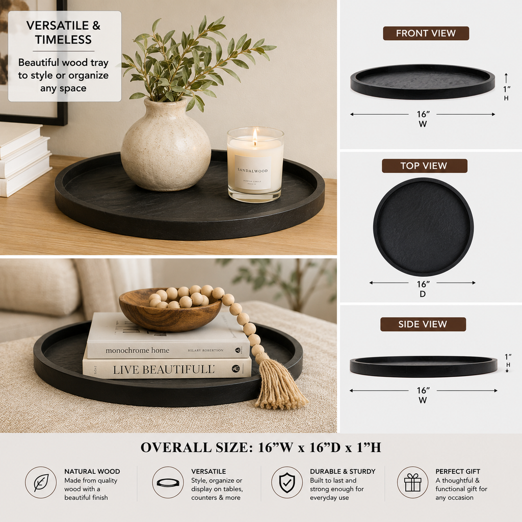 Round 16-inch black wood decorative tray with raised rim.