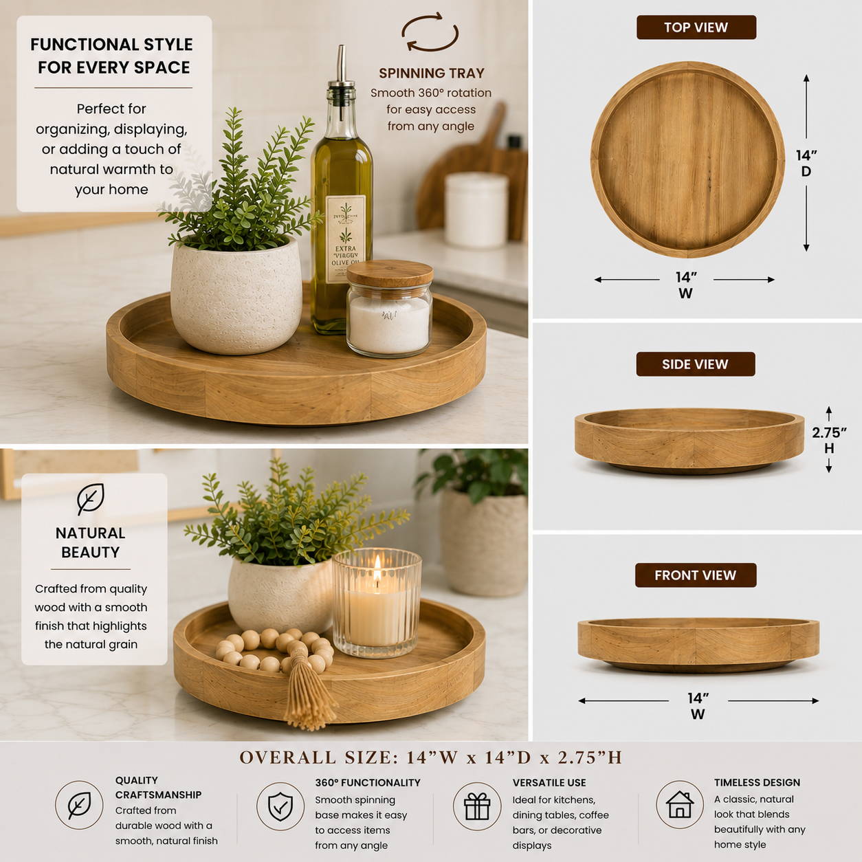 Round natural and black wood lazy Susan with raised edge.