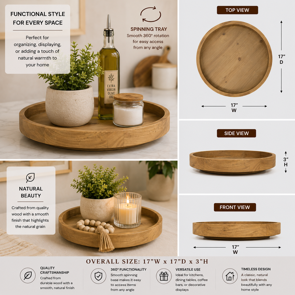 Large round natural and black wood lazy Susan with raised edge.