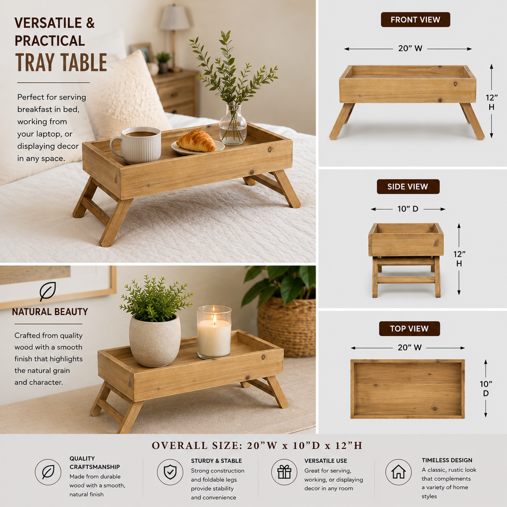 20-inch natural wood tray accent table styled in a light neutral interior
