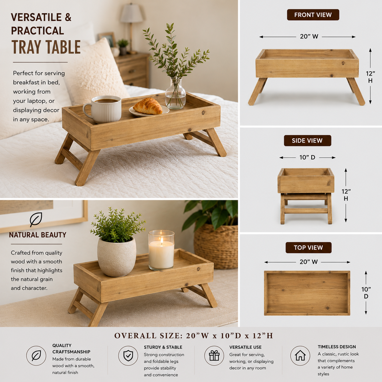 20-inch natural wood tray accent table styled in a light neutral interior