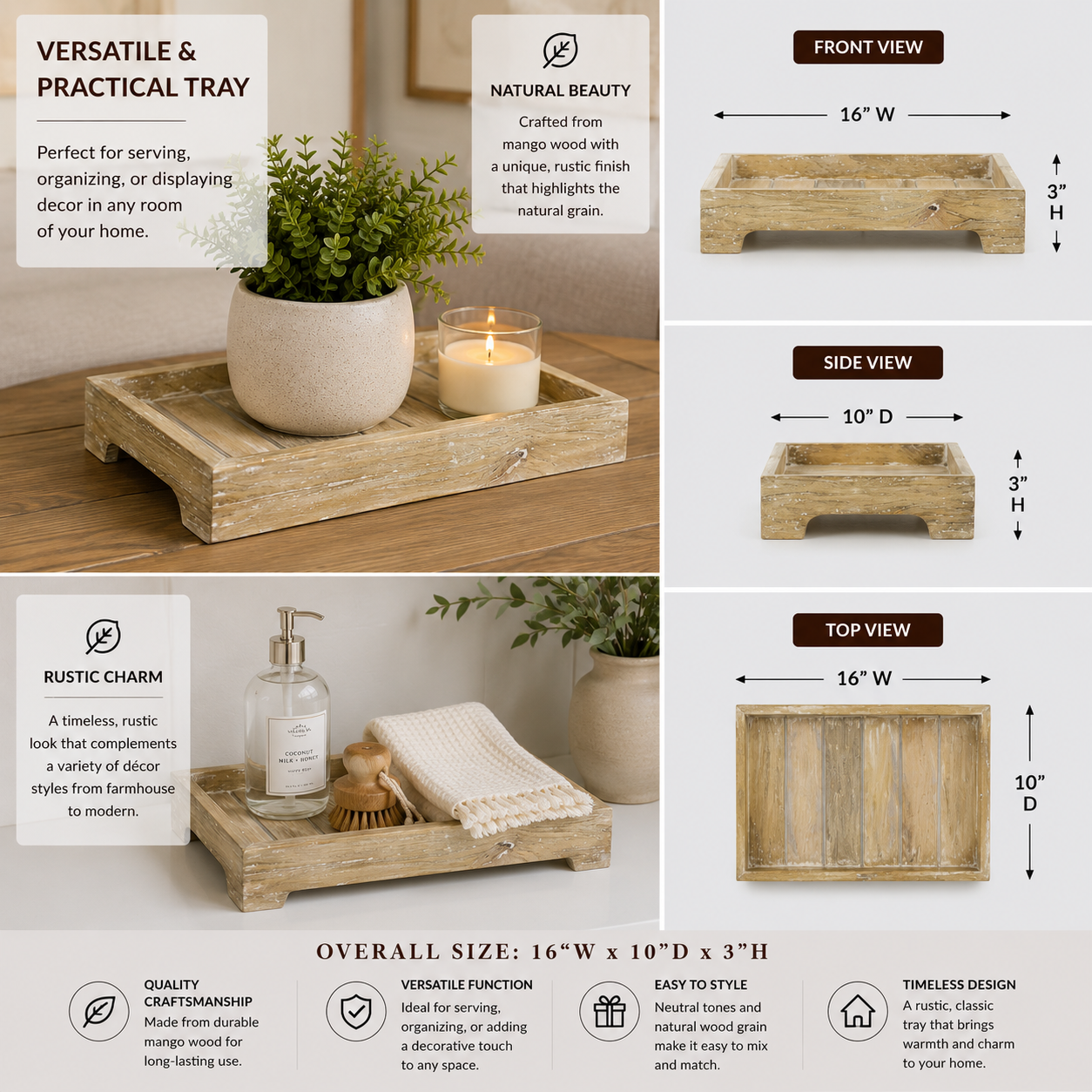 Natural white mango wood decorative tray with raised sides and handles.