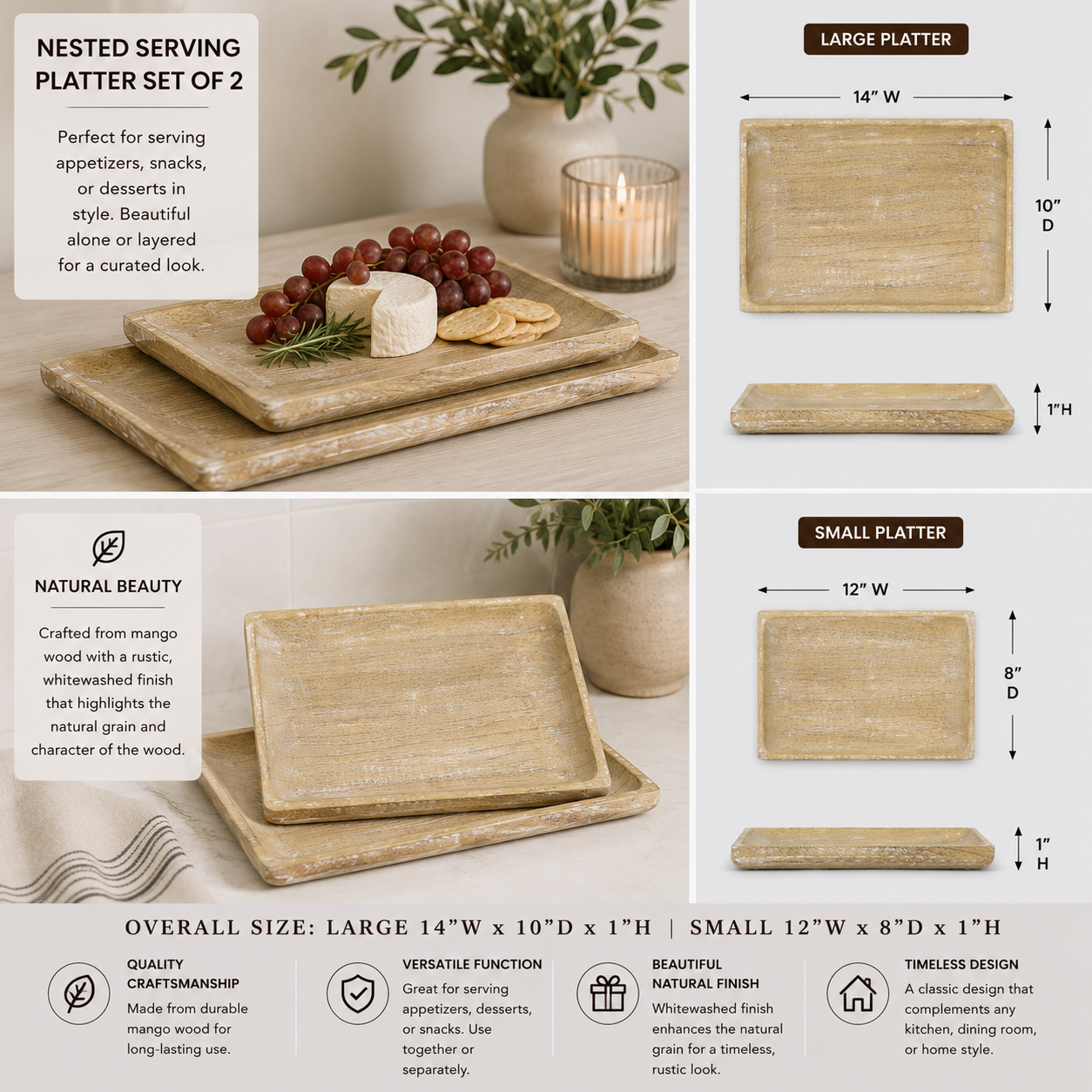 Mango Wood Platter Set - Natural and White (Set of 2) | 14x10 & 12x8
