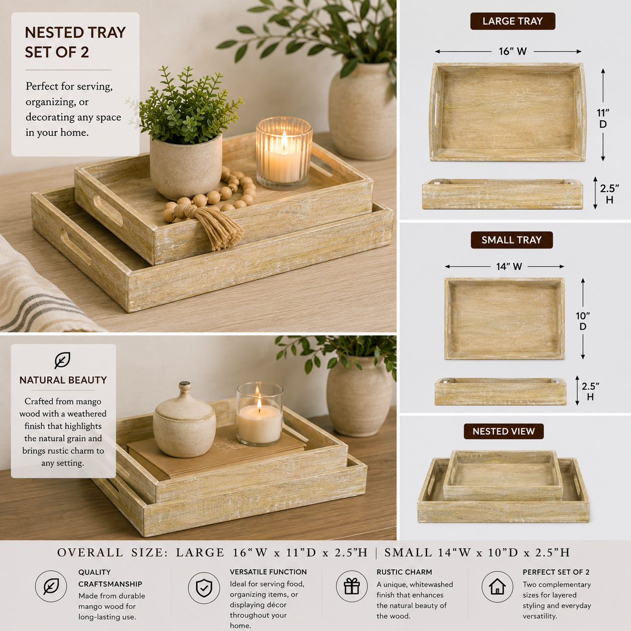 Mango Wood Nested Trays - Natural and White (Set of 2)