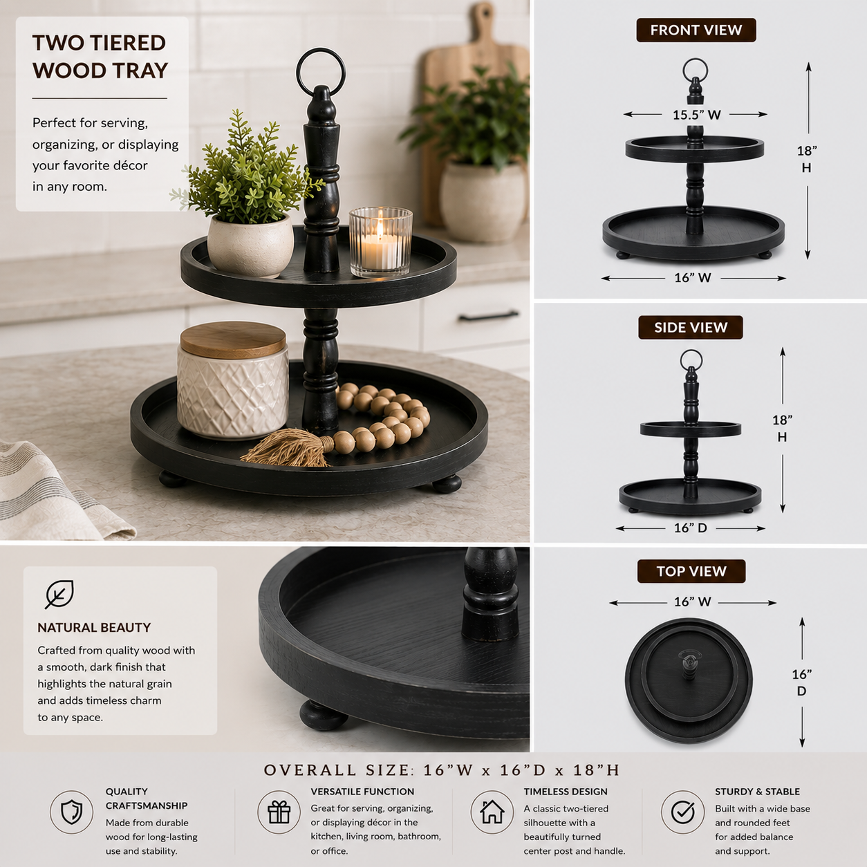 Black two-tiered wood decorative tray with round tiers and center handle.