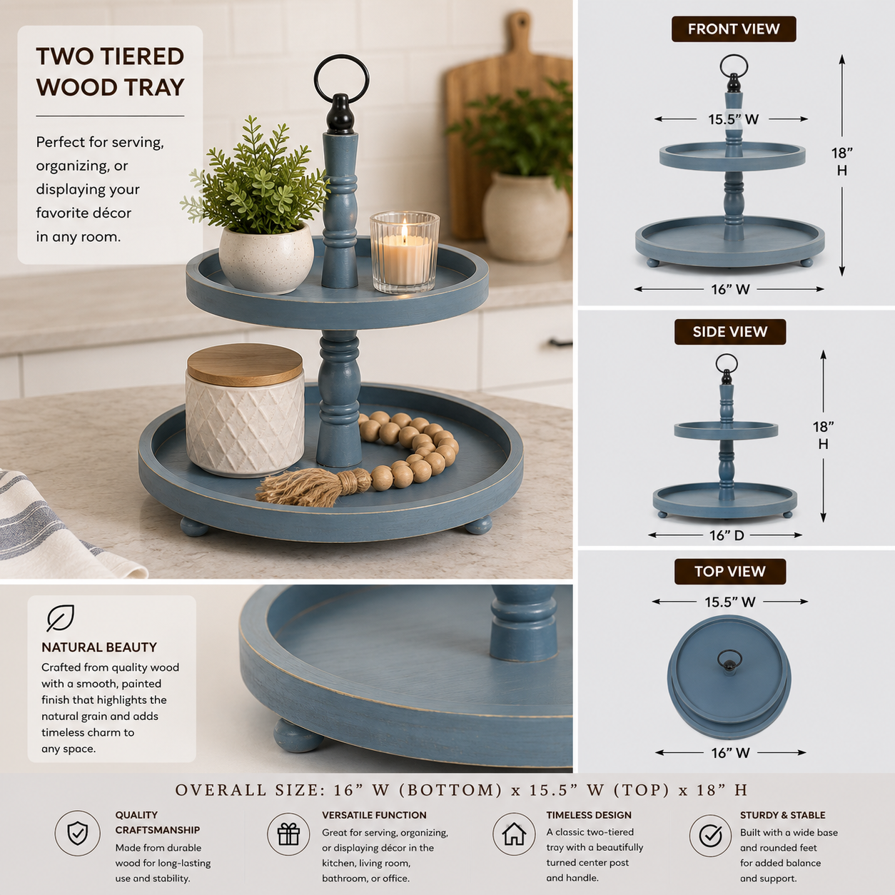Blue and black two-tiered wood decorative tray with round tiers and center handle.